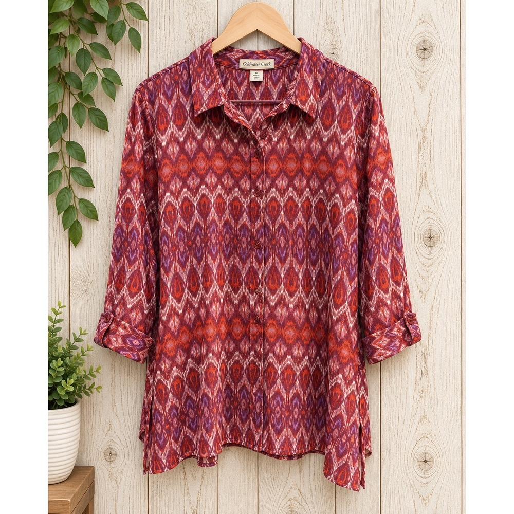 Coldwater Creek 100% Linen 3X Red Purple Ikat Print Button Front Tunic Shirt